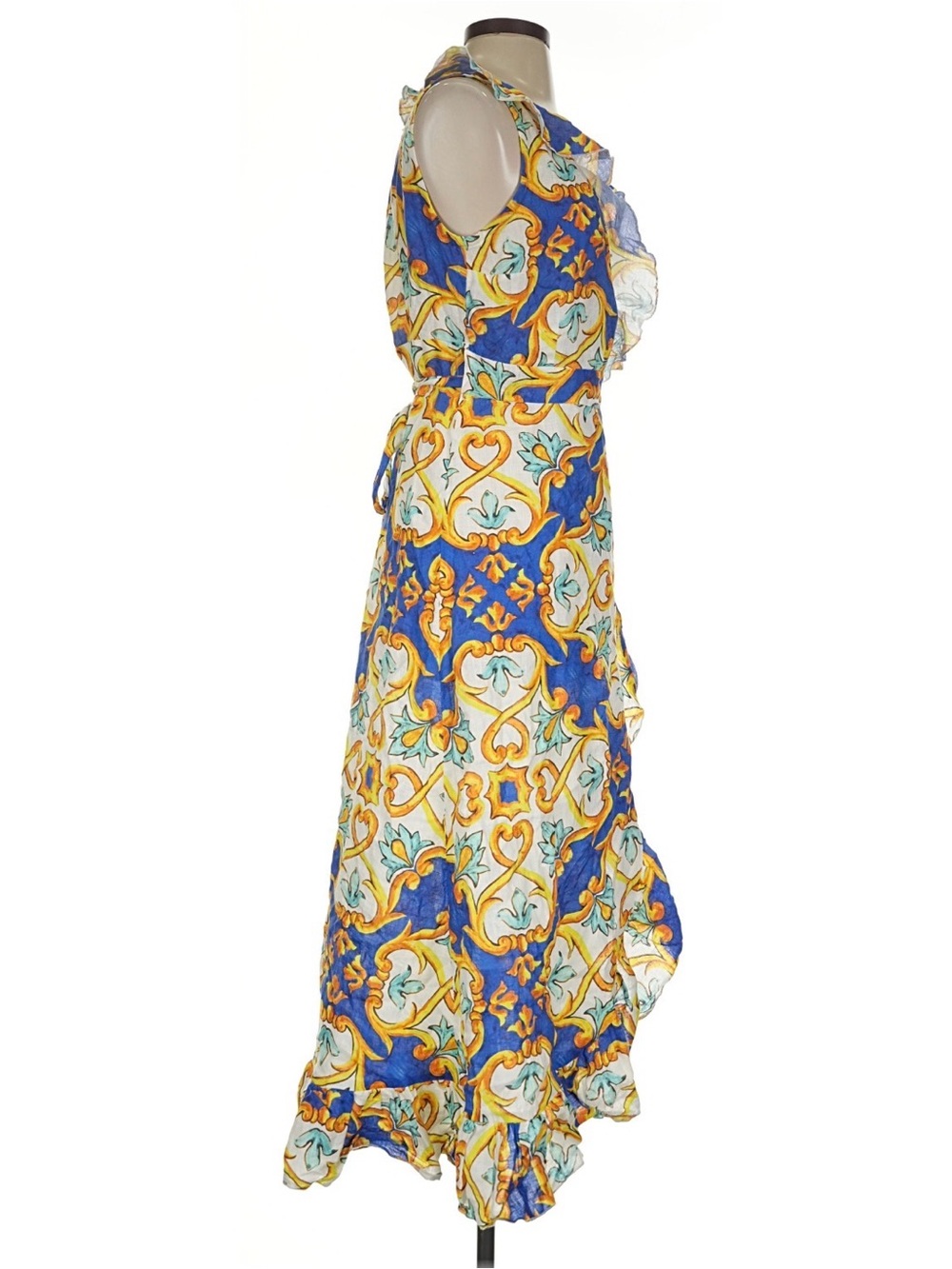 LUISA POSITANO Italy Linen Majolica Print Ruffle Wrap Maxi Dress Blue Yellow S - Picture 4 of 5